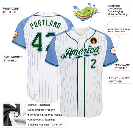 Προσαρμοσμένη Πράσινη Φανέλα Μπέιζμπολ με Αυθεντικό Λευκό Ρεγκλάν και Ριγέ Μπλε Μανίκια, Μπλε Προσαρμοσμένη Πράσινη Φανέλα Μπέιζμπολ με Αυθεντικό Λευκό Ρεγκλάν και Ριγέ Μπλε Μανίκια, Μπλε