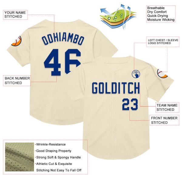 Custom Cream Royal Mesh Authentic Throwback Baseball Jersey - Image 3