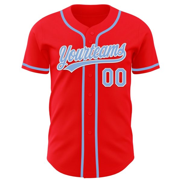 Custom Fire Red Light Blue-White Authentic Baseball Jersey - Image 2
