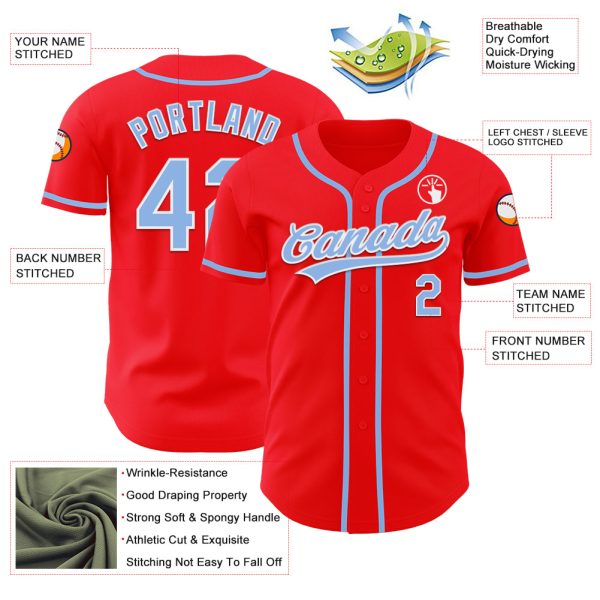 Custom Fire Red Light Blue-White Authentic Baseball Jersey - Image 3