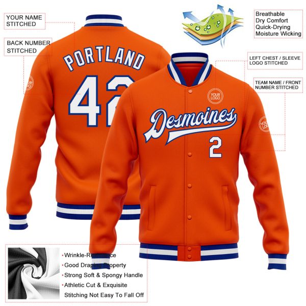 Custom Orange White-Royal Bomber Full-Snap Varsity Letterman Jacket - Image 3
