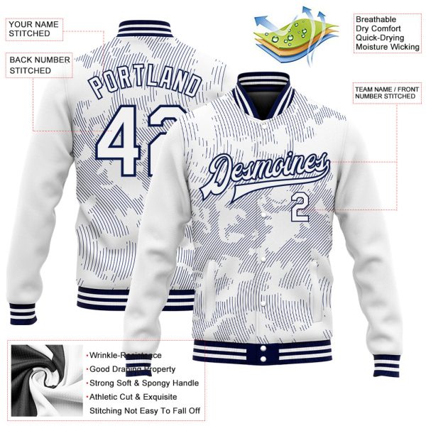 Custom White Navy 3D Pattern Design Bomber Full-Snap Varsity Letterman Jacket - Image 3