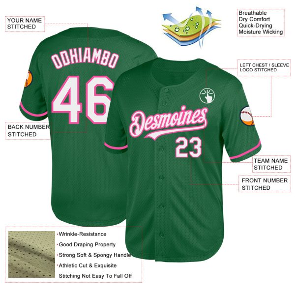 Custom Kelly Green White-Pink Mesh Authentic Throwback Baseball Jersey - Image 3