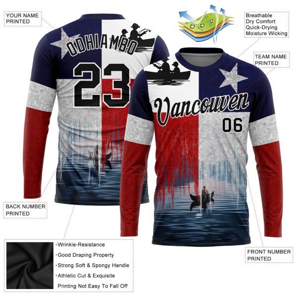 Custom Red Black-Navy 3D Texas Flag And Fish Fishing Long Sleeve Performance T-Shirt - Image 2