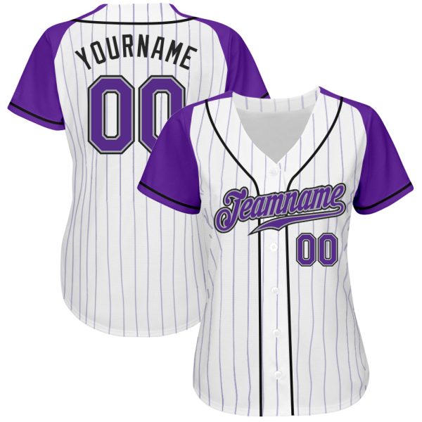 Custom White Purple Pinstripe Purple-Gray Authentic Raglan Sleeves Baseball Jersey - Image 2