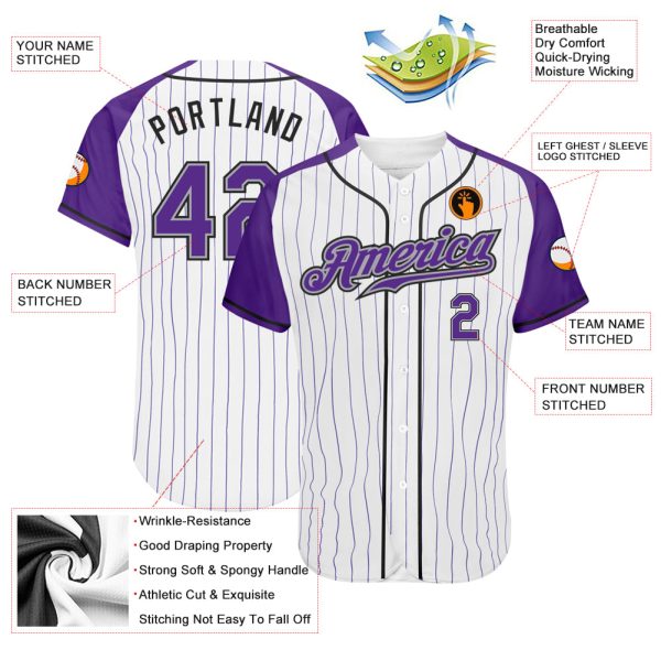 Custom White Purple Pinstripe Purple-Gray Authentic Raglan Sleeves Baseball Jersey - Image 3