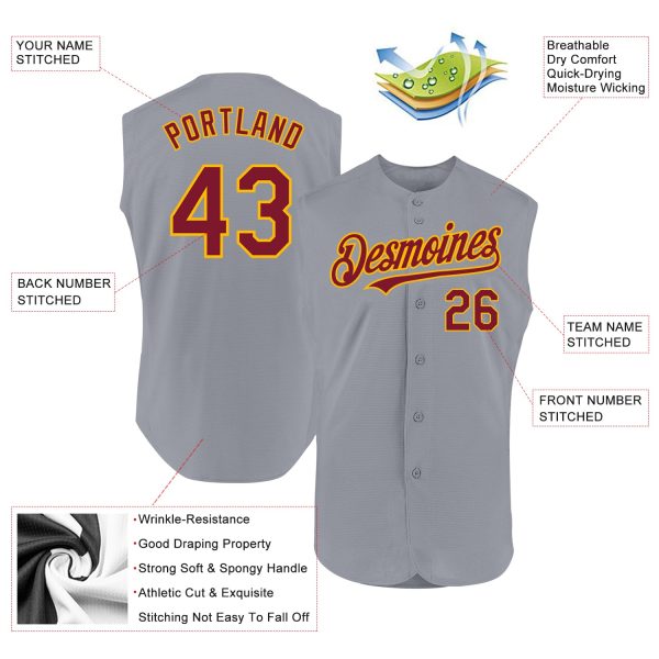 Custom Gray Crimson-Gold Authentic Sleeveless Baseball Jersey - Image 2