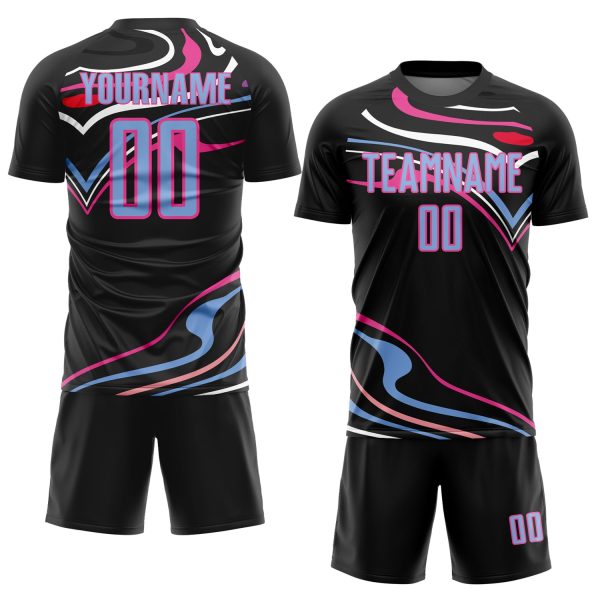 Custom Black Light Blue-Pink Fluid Shapes Sublimation Soccer Uniform Jersey - Image 2