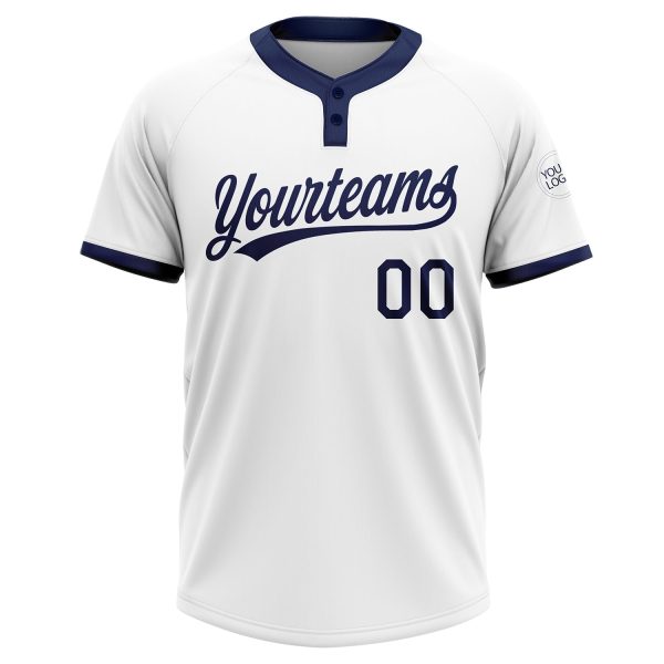 Custom White Navy Two-Button Unisex Softball Jersey - Image 2