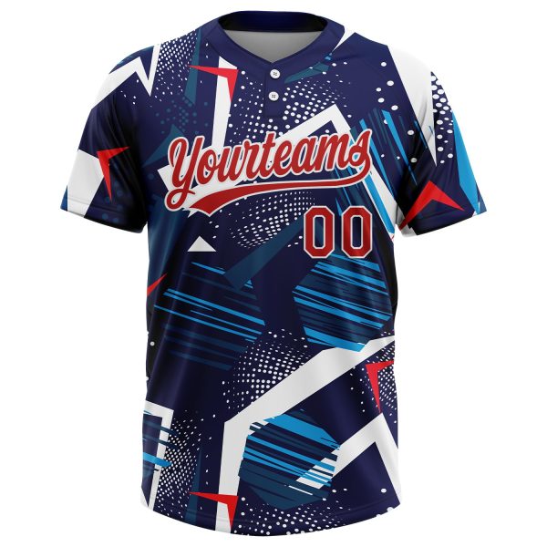 Custom Navy Red-White 3D Pattern Two-Button Unisex Softball Jersey - Image 2