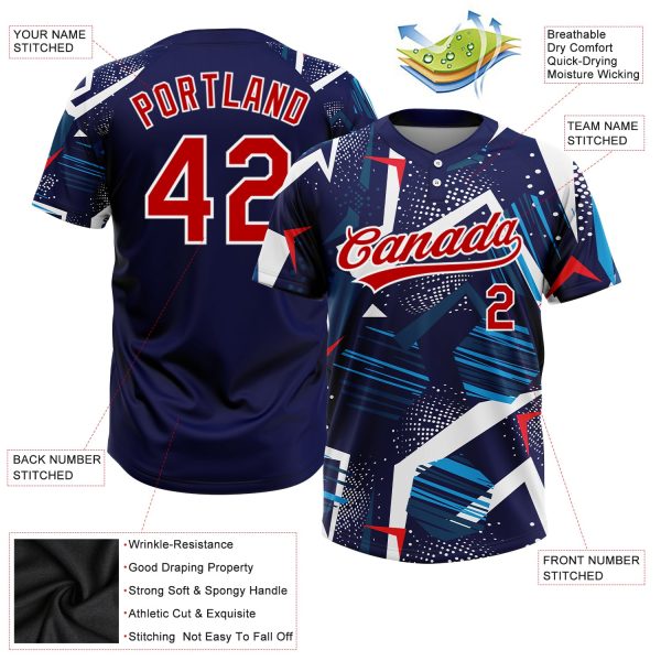 Custom Navy Red-White 3D Pattern Two-Button Unisex Softball Jersey - Image 3