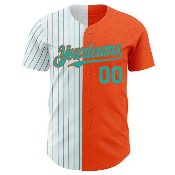 Custom Orange White-Aqua Pinstripe Authentic Split Fashion Baseball Jersey - Image 2