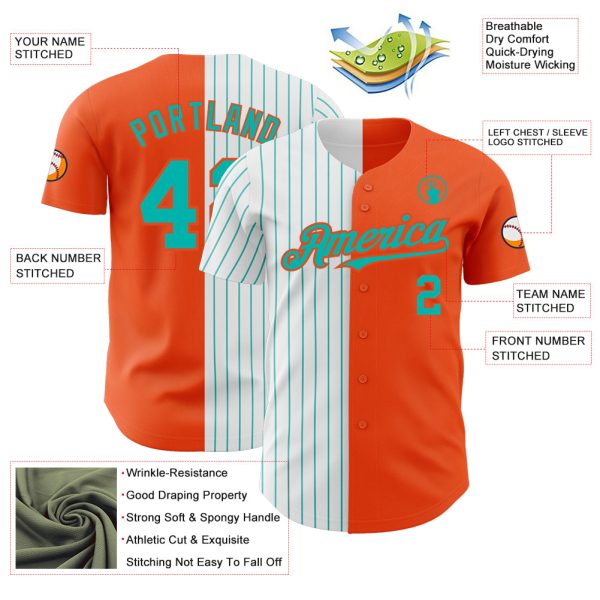 Custom Orange White-Aqua Pinstripe Authentic Split Fashion Baseball Jersey - Image 3