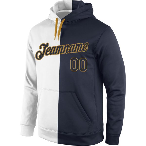 Custom Stitched White Navy-Old Gold Split Fashion Sports Pullover Sweatshirt Hoodie - Image 2