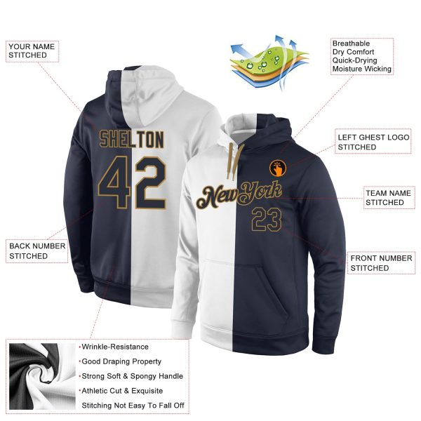 Custom Stitched White Navy-Old Gold Split Fashion Sports Pullover Sweatshirt Hoodie - Image 4