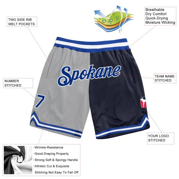 Custom Gray Royal-Navy Authentic Throwback Split Fashion Basketball Shorts - Image 2